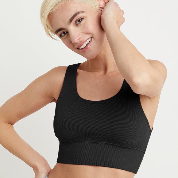#745 Hanes Women's Originals Cozywear Ribbed Longline Bralette OG116 - Black - Picture 2 of 2